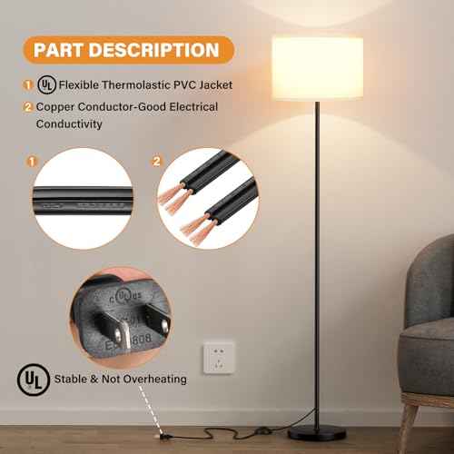 Modern Floor Lamp Simple Design with White Shade, Foot Pedal Switch, 60" Small Tall Lamps for Living Room Bedroom Office Dining Room Kitchen, Black Pole Lamp(Without Bulb)