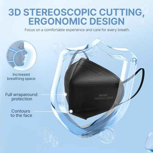 YUAKOU KN95 Protective Face Masks 50pcs, Breathable Comfortable, Disposable Individually Wrapped,5-Ply Protection KN95 Adults Mask Black