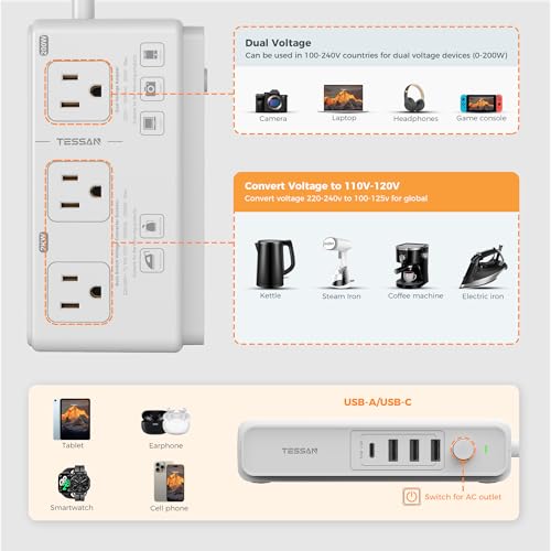 TESSAN 4 Feet Voltage Converter US to Europe 220V to 110V Travel Power Adapter