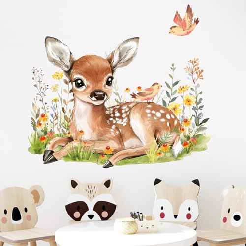 Yovkky Baby Deer Wall Decals Stickers, Woodland Animals Birds Wildflower Neutral Toddlers Nursery Decor, Cute Home Decorations Kids Bedroom Playroom Classroom Art