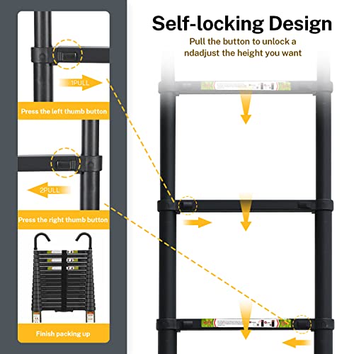 RIKADE 20.3 FT Aluminum Telescoping Ladder with Detachable Hooks, Black, Lightweight Collapsible Extension Ladder for Roof & RV