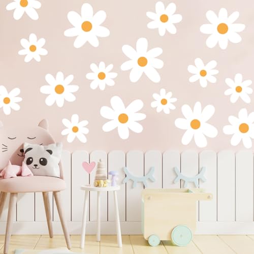 Runtoo White Daisy Boho Flower Wall Decals - Kids Nursery Floral Wall Art Stickers for Girls Bedroom & Living Room