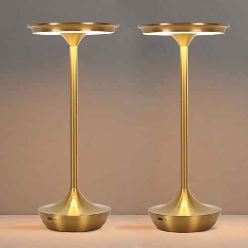 Cordless Table Lamp Set of 2,Portable Rechargeable 6000mAh Outdoor LED Table Lamps,3 Color Stepless Dimming Touch Battery Powered Lamp, Table Light for Restaurant/Patio/Camping/Bedroom(Gold)