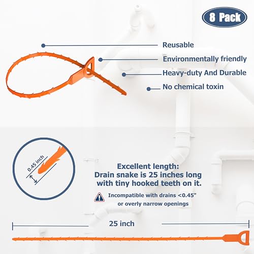 KeyFar 8-Pack 25-Inch Hair Clog Remover Drain Snake with Barbed Hook