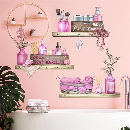 Pink Towel Shelf Wall Stickers, sacinora Cosmetic Brush Organizer DIY Wall Decals Removable Vinyl Peel and Stick for Girls Women Bathroom Restroom Toilet Art Home Decoration