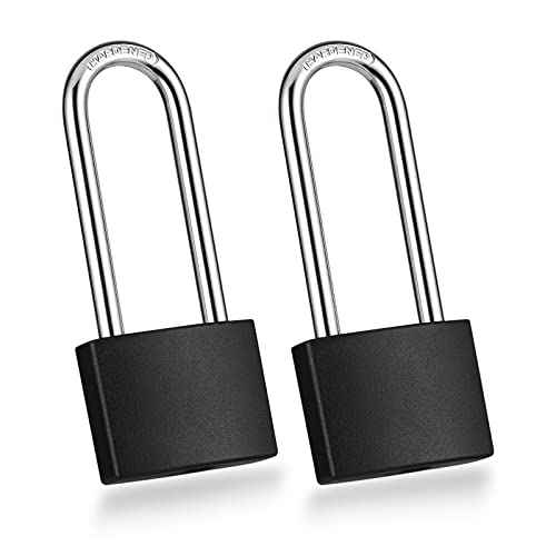 2 Pack Covered Aluminum Padlocks with Key, Black Locker Lock with Long Shackle for Gates, Fences, Toolboxes,