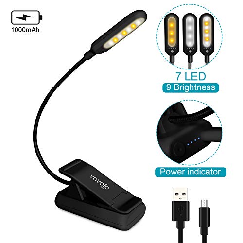 VAVOFO Rechargeable Book Light with 7 LEDs, 9 Color Temperatures & Brightness Levels - Black