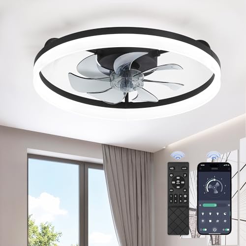 LEDIARY 20-Inch Black Low Profile Modern Ceiling Fan with Lights, APP & Remote