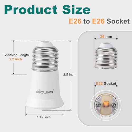 DiCUNO 4-Pack E26 Socket Extenders 1.2 Inch Short Light Socket Adapters