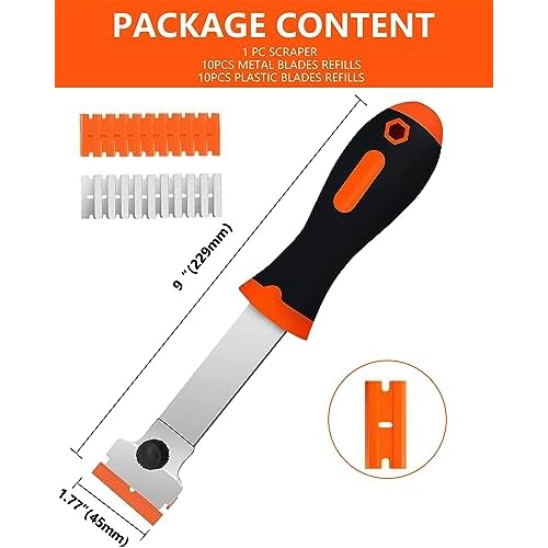 Razor Blade Scraper, Long Handle Scraper Tool with 10 Plastic and 10 Metal Blades - Ideal for Removing Labels, Stickers, Appliance Grease, and More from Windshields, Tint, and Glass (Orange)
