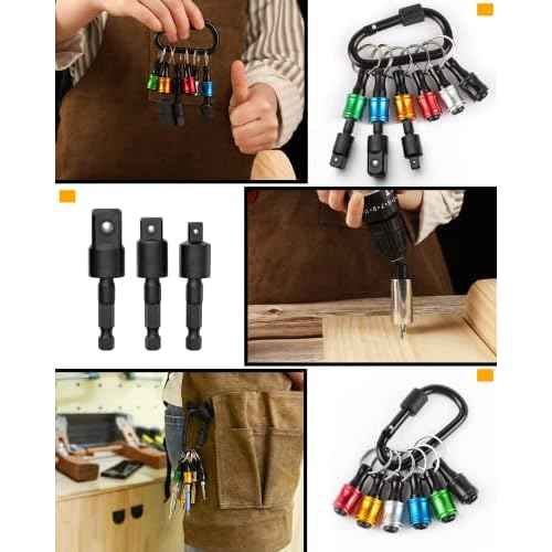 Katerk 1/4 Bit Holder Key Chain Cool Gadgets, Drill Bit Holder for Impact Driver, w/Impact Socket Adapter for Drills, 360¡Æ Rotatable and Hex 1/4" 3/8" 1/2" Drill Socket Adapter for Automotive DIY