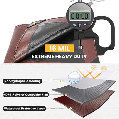 Winpull 10x20FT Heavy Duty Waterproof Tarp Brown/Black 16mil UV Resistant Outdoor Cover
