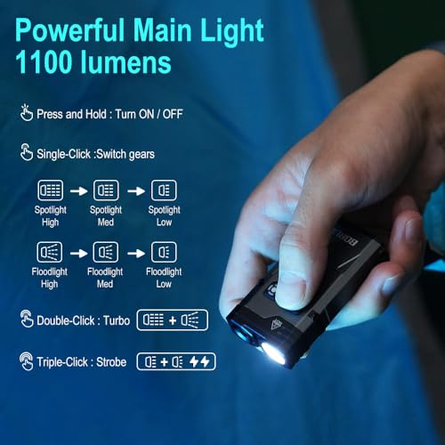 BORUIT EV10 EDC Keychain Flashlight Super Bright USB-C Rechargeable - 15 Modes Small Multifunctional Flashlights with Clip Magnetic Ambient and Warning LED Lights, Aluminum Black