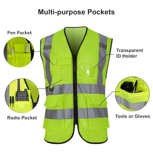 Reflective Safety Vest for Men Women 6 Pockets High Visibility Construction Work Vest, Class 2, Meets ANSI Standards