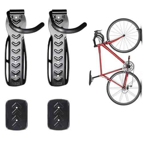 Dirza Bike Wall Mount Rack with Tire Tray - Vertical Bike Storage Rack for Indoor,Garage,Shed - Easy to install - Great for Hanging Road,Mountain or Hybrid Bikes - Screws Included - 2 Pack