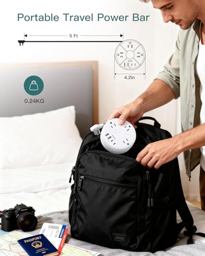 Addtam White Cruise-Approved Power Strip with 5ft Retractable Cord - Travel Essential