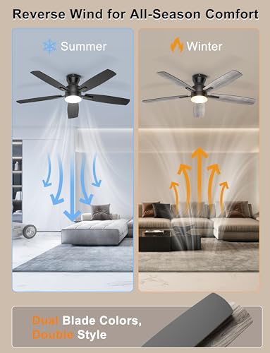 Ohniyou 52'' Low Profile Black Ceiling Fan with Lights, Remote & App Control