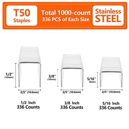 Heavy Duty Stainless Steel T50 Staples Pack 3 Sizes 1000-Count 5/16, 3/8, 1/2 inch