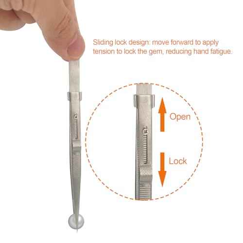 2Pcs Professional Diamond Tweezers Gem Stone Tweezers Jewelry Tweezers Stainless Steel Slide Locking Non-slip Pointed Tip Tweezers with Slot for Jewelers Making