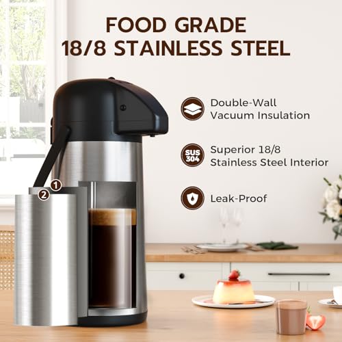 Gezoss 102oz/3L Stainless Steel Airpot Coffee Carafe with Pump, 304 Food-Grade Insulated