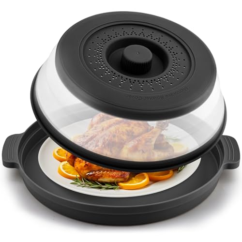 Saebume 10.7 Inch Microwave Splatter Cover with Anti-Scald Base Plate - Foldable BPA-Free Plastic & Silicone Lid (Black)