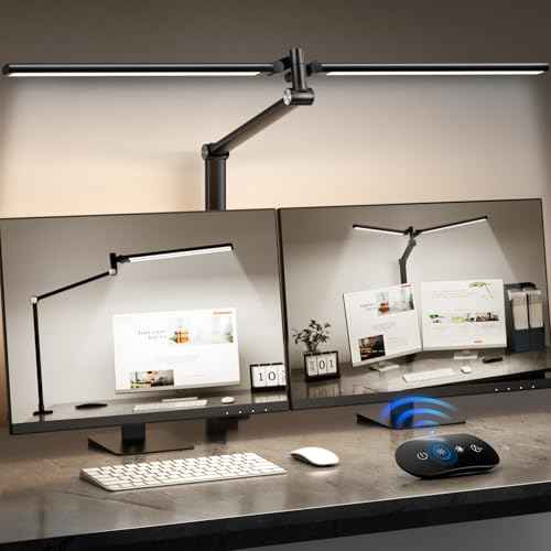 LED Desk Lamp for Home Office, Eye Caring Architect Desk Light with Remote, Dual Screen Computer Monitor Light with Stepless Dimming, Stepless Color Temp, Memory Function for Study, Dark Black