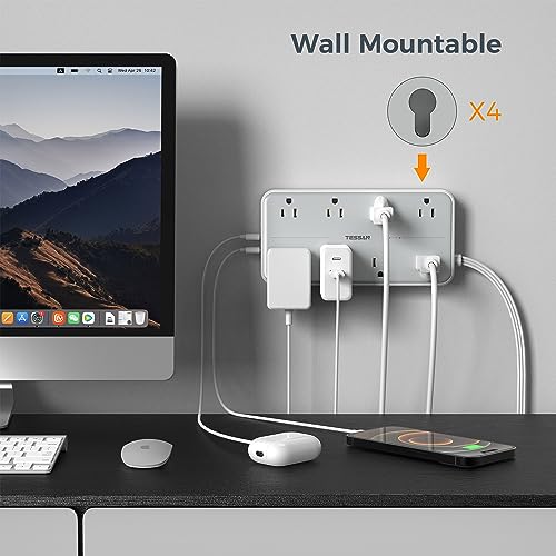 TESSAN 6FT Surge Protector Power Strip with Flat Plug & USB-C, Gray - 11 Outlets