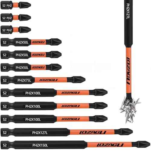 12-Piece Phillips Bits #2 Impact Magnetic, S2 Steel, 1 2 3 4 5 6 Inch Long 2 Phillips Bits Set, 1/4 Hex Shank Phillips Head Drill Bits