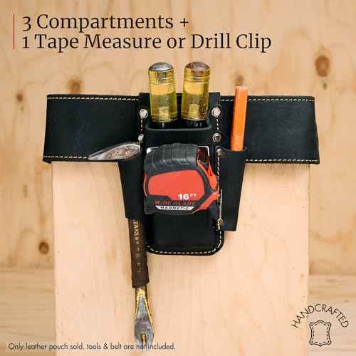 FESA Small Leather Tool Pouch - 4-in-1 Heavy Top Grain Leather Small Tool Pouch with a Steel Tape Measure Clip, 3 Pockets & Reinforced Heavy Duty Rivets - Fits Belts up to 3" - Handcrafted