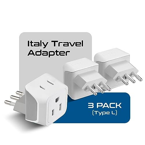 Ceptics Italy Travel Plug Adapter White Silver - 3 Pack, Grounded Type L for Cell Phones, Laptops, Chargers