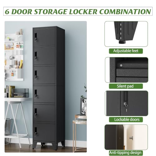 erosoei Black Metal Lockers for Employees 6-Door Storage Cabinet, 70.86in