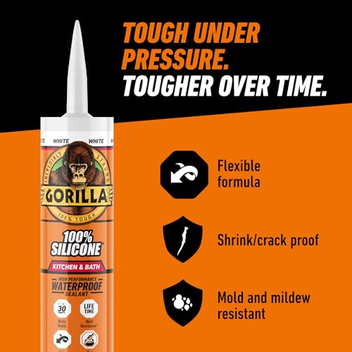 Gorilla 100% Silicone Caulk - White, 10 oz Cartridge, Waterproof Bathroom Sealant
