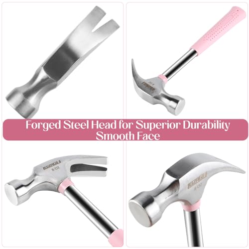 8oz Hammer, 2-Piece Small Claw Hammer & Rubber Mallet Hammer Mini Hammer Set(Pink)