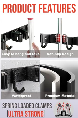 FODARSAI Black Wall Mount Broom and Mop Organizer 3 Racks 4 Hooks – Stainless Steel
