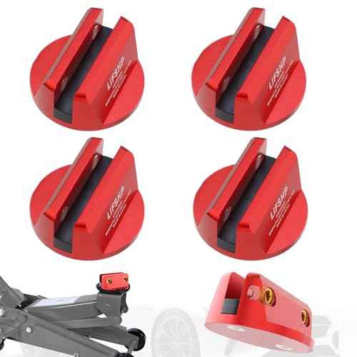4Pcs Universal Aluminum Grooved Magnetic Jack Pad, Jacking Puck Pinch Weld Frame Rail Adapter, for Car SUV Truck Pickup Sedan MPV Wagon, Change Tire Repair Tires Oil Change Must Have-Red