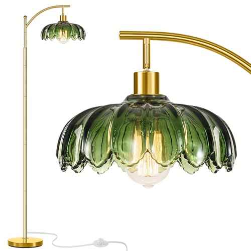 Gold Floor Lamp for Living Room,Unique Vintage Standing Tall Lamp,Mid Century Modern Floor Lamps Arc Green Glass Floor Lamps for Office Corner
