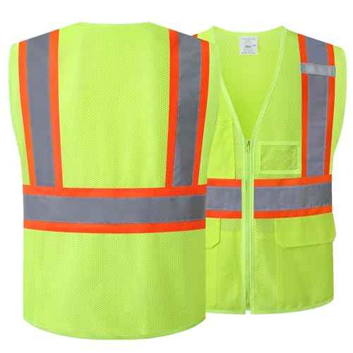 Reflective Safety Vest for Men Women Hi Vis Vest with Pockets High Visibility Vest Mesh Construction Vests Meets ANSI/ISEA Standards (Yellow-33, Large)