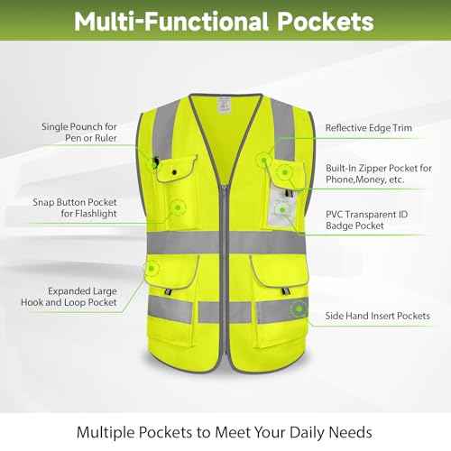 9 Pockets Full Zip Safety Vest, Class 2 High Visibility Work Vest for Construction, Utility Workers, Meets ANSI/ISEA Standard, Yellow, Large