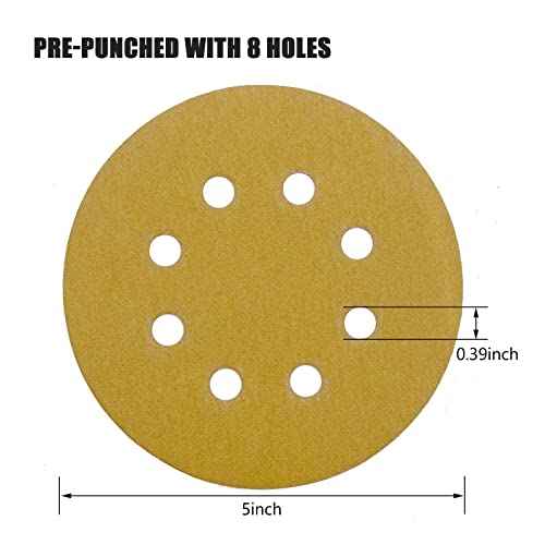 5 Inch Sanding Discs Hook and Loop, 120 Grits 8 Holes Sandpaper Round Orbital Sander Paper for Woodworking Car Boat Metal Polishing, 50pcs