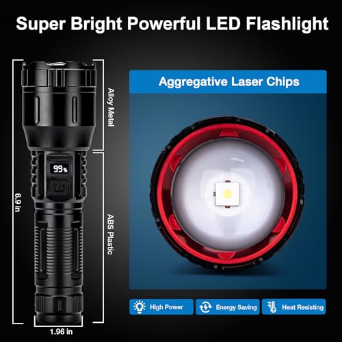 Flashlights High Lumens Rechargeable 2 Packs, 990,000L Handheld Tactical LED Strong Flash Light, Battery Powered Super Bright Flashlight with USB C, 3 Modes, Zoomable, USB Output for Home, Emergency
