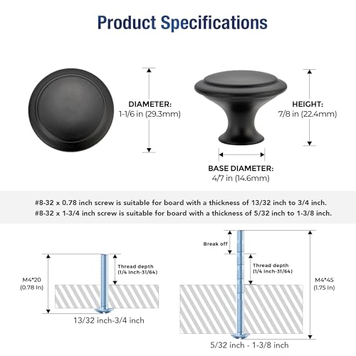 JOY DECOR Matte Black Cabinet Knobs 30mm, 18 Pack - Modern Drawer Handles