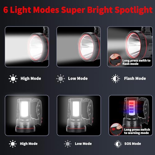 Superbright LED Handheld Searchlight Tactical Waterproof Spotlight High Power Rechargeable Flashlights with Side Light USB Power Charger (White Light)
