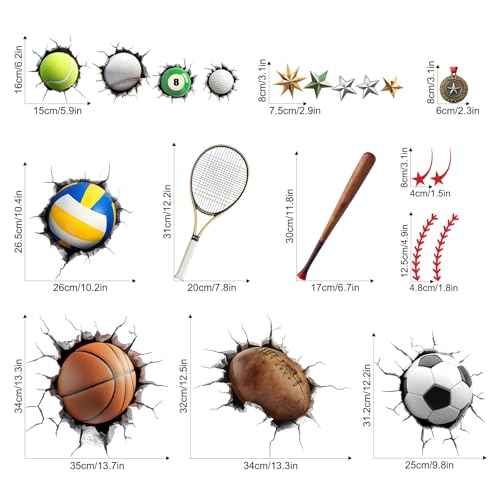Sports Wall Decals for Boys Room, 3D Sports Basketball Soccer Football Baseball Wall Stickers Art Decor Kids Girls Children Teenage Baby Toddler Bathroom Bedroom Nursery Classroom