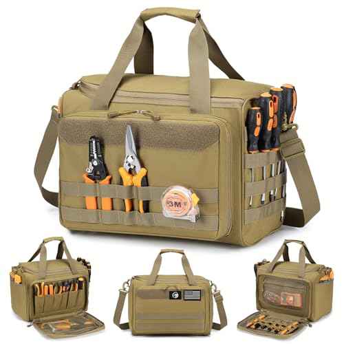 KSIBNW Tool Bag 14-Inch, Heavy Duty Tool Organizer Tote for Men, Tactical Hand Bag, Storage Organizer Pouch for Electrician, Repairman, Carpenters, Mechanics, Plumbers, Handyman, Khaki
