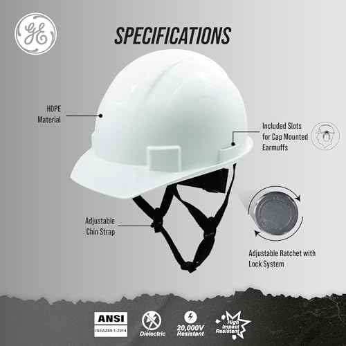GE Cap Style Hard Hat, 4-Point Ratchet Suspension, Earmuff Slots, High Impact Resistant, Sweat-Wicking Sweatband, Meets ANSI Z89.1-2014, Comfortable and Durable - White, Class E (Non-Vented)