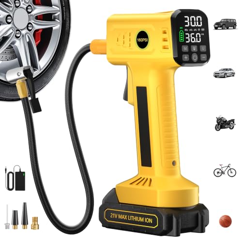 Rafeox Yellow Portable Cordless Tire Inflator with Long Air Hose, Fast Inflation, Auto Shut-Off