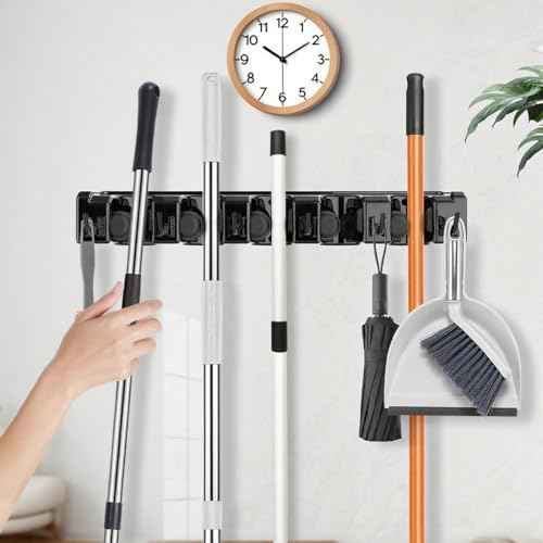 Broom Holder Wall Mount, 2 Packs Heavy Duty Cleaning Supplies Organizer, Garden Tool & Utility Closet with Hook, Mop & Broom Hook Wall Mounted for Bathroom, Garage, Kitchen, Laundry (Black-2pcs)