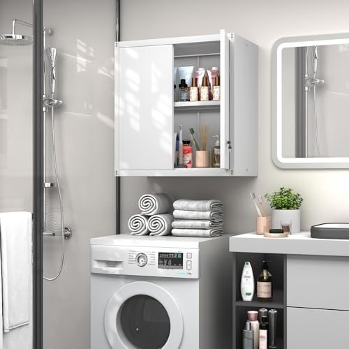 Wall Mounted Storage Cabinet, Metal Garage Cabinet in White, 27.95H, 2 Adjustable Shelves