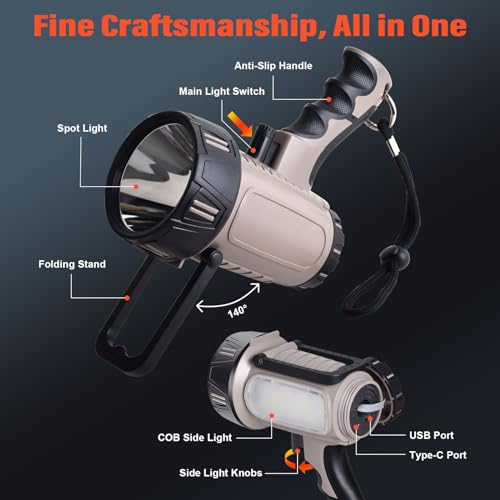 ErayLife Rechargeable Searchlight - 1800LM IP67 Waterproof/6 Modes Super Bright Handheld Spotlight Flashlight with Foldable Stand for Boating Hunting Camping Hiking