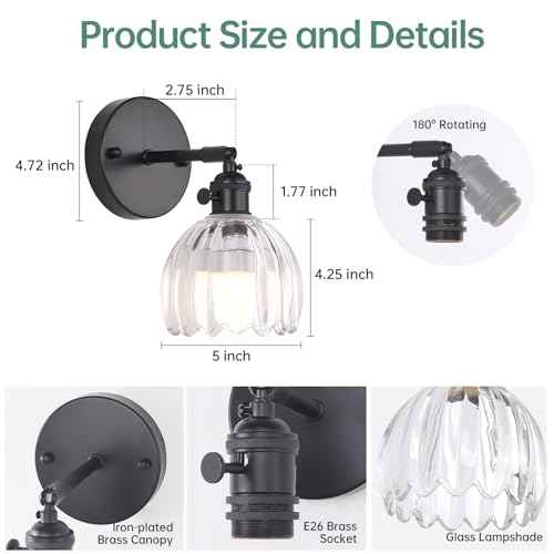 Vintage Battery Operated Wall Sconce with Cute Transparent Tulip Glass Lampshade Wireless Rechargeable Battery Powered Black Wall Light with Remote Control for Bedside Bedroom Doorway